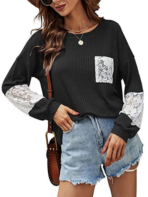 Knitted Drop Shoulder Lace Insert Pocket T Shirt - BLACK XL