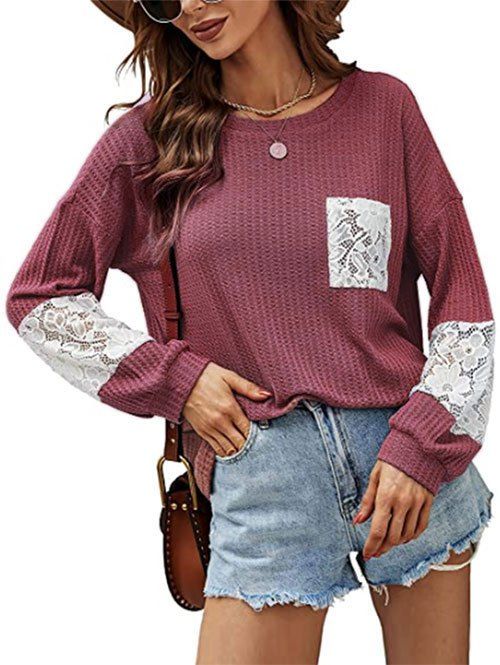 Knitted Drop Shoulder Lace Insert Pocket T Shirt - RED 2XL