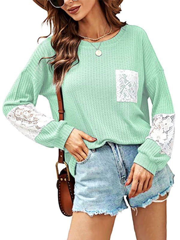 Knitted Drop Shoulder Lace Insert Pocket T Shirt - GREEN XL
