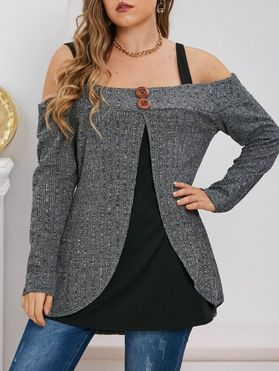 Ribbed Heathered Buttons Open Shoulder Plus Size Top