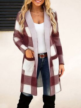 Hooded Plaid Print Open Front Coat