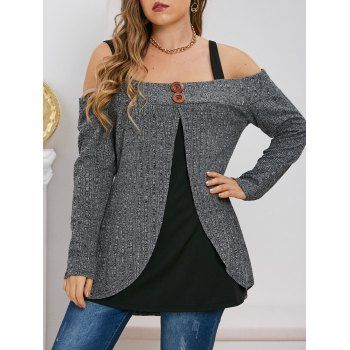 

Ribbed Heathered Buttons Open Shoulder Plus Size Top, Cloudy gray