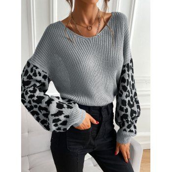 Lantern Sleeve Leopard Print Sweater, Gray