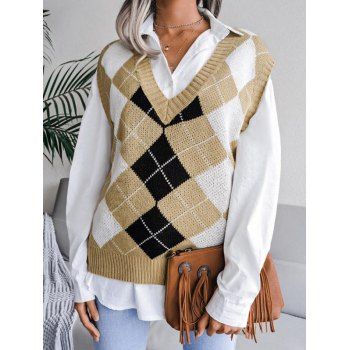 

Argyle Ribbed Trim Vest Sweater, Light coffee