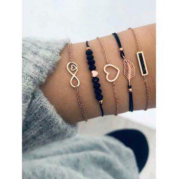 

5 Pcs Hollow Out Heart Feather Chain Bracelet Set, Golden