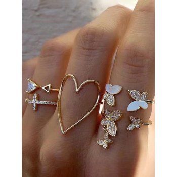 

5 Pcs Rhinestone Butterflies Cross Heart Shape Cuff Rings Set, Golden