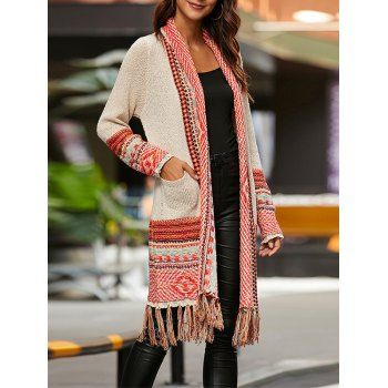 

Tassels Geometry Longline Open Front Cardigan, Light yellow