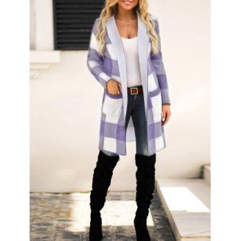 

Hooded Plaid Print Open Front Coat, Purple