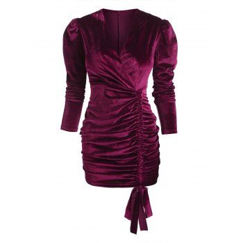 

Plunge Gigot Sleeves Cinched Mini Velvet Bodycon Dress, Deep red
