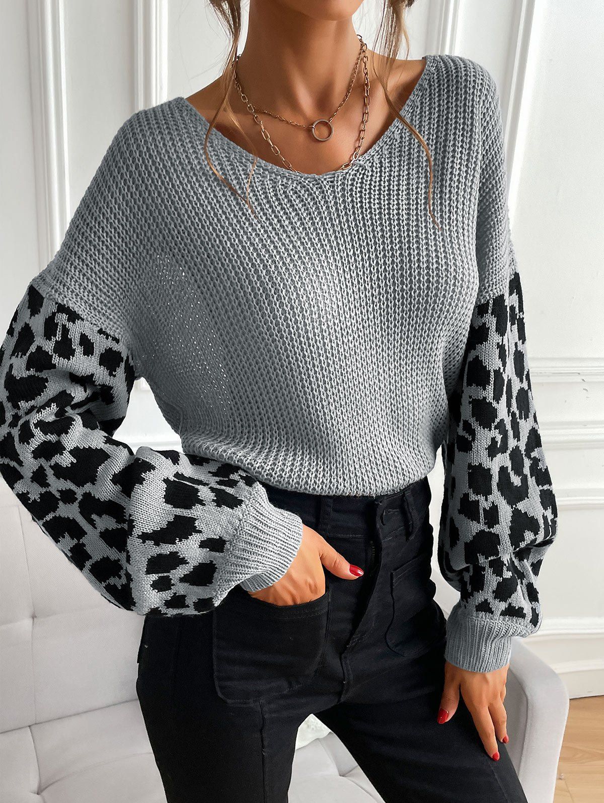 Lantern Sleeve Leopard Print Sweater - GRAY L