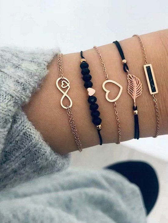 5 Pièces Ensemble de Bracelet Chaîne Cœur Plume Evidé - d'or 