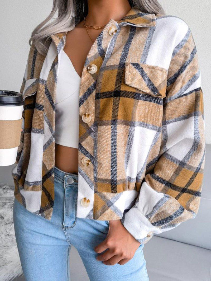 Plaid Drop Shoulder Flannel Jacket - LIGHT COFFEE XL