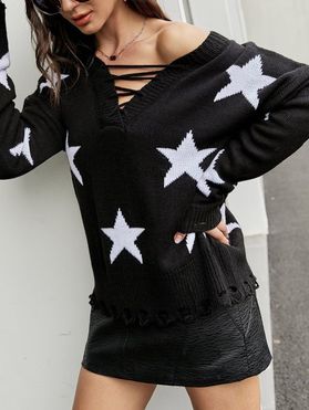 Lace Up Crisscross Stars Pattern Frayed Sweater