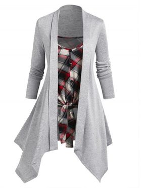 Hanky Hem Cardigan and Plaid Print Knotted Cami Top