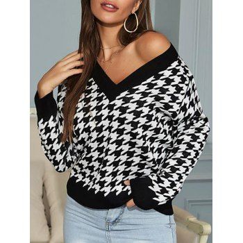 

Houndstooth V Neck Jumper Sweater, Black