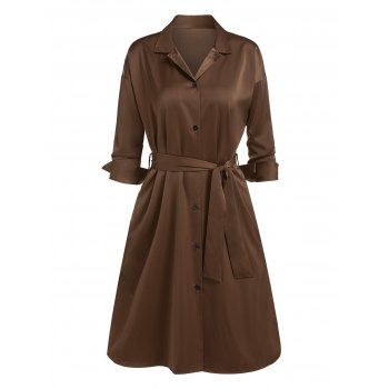 

Belted Button Up Shirt Dress, Deep coffee