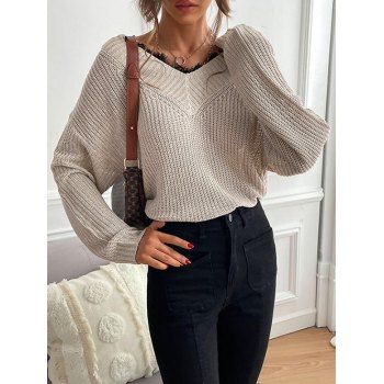 

Lace Insert V Neck Drop Shoulder Jumper Sweater, Light coffee