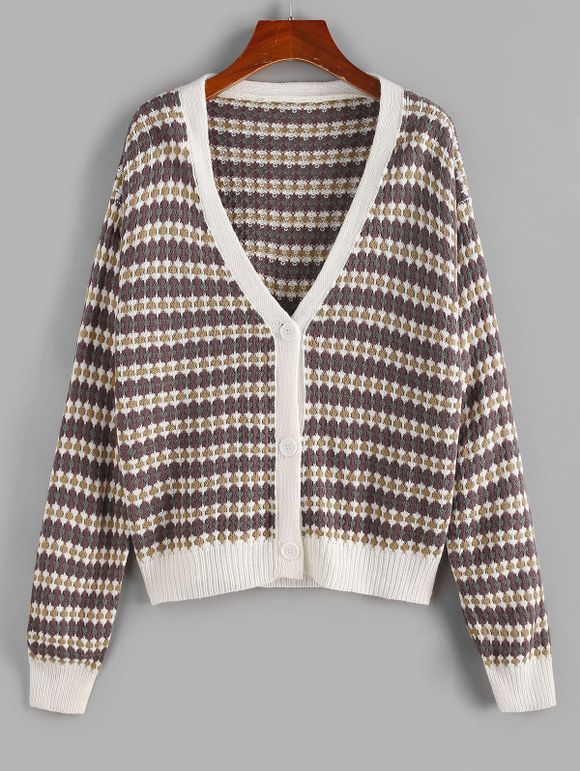 Cardigan Maille Lâche Graphique à Col V - multicolor L