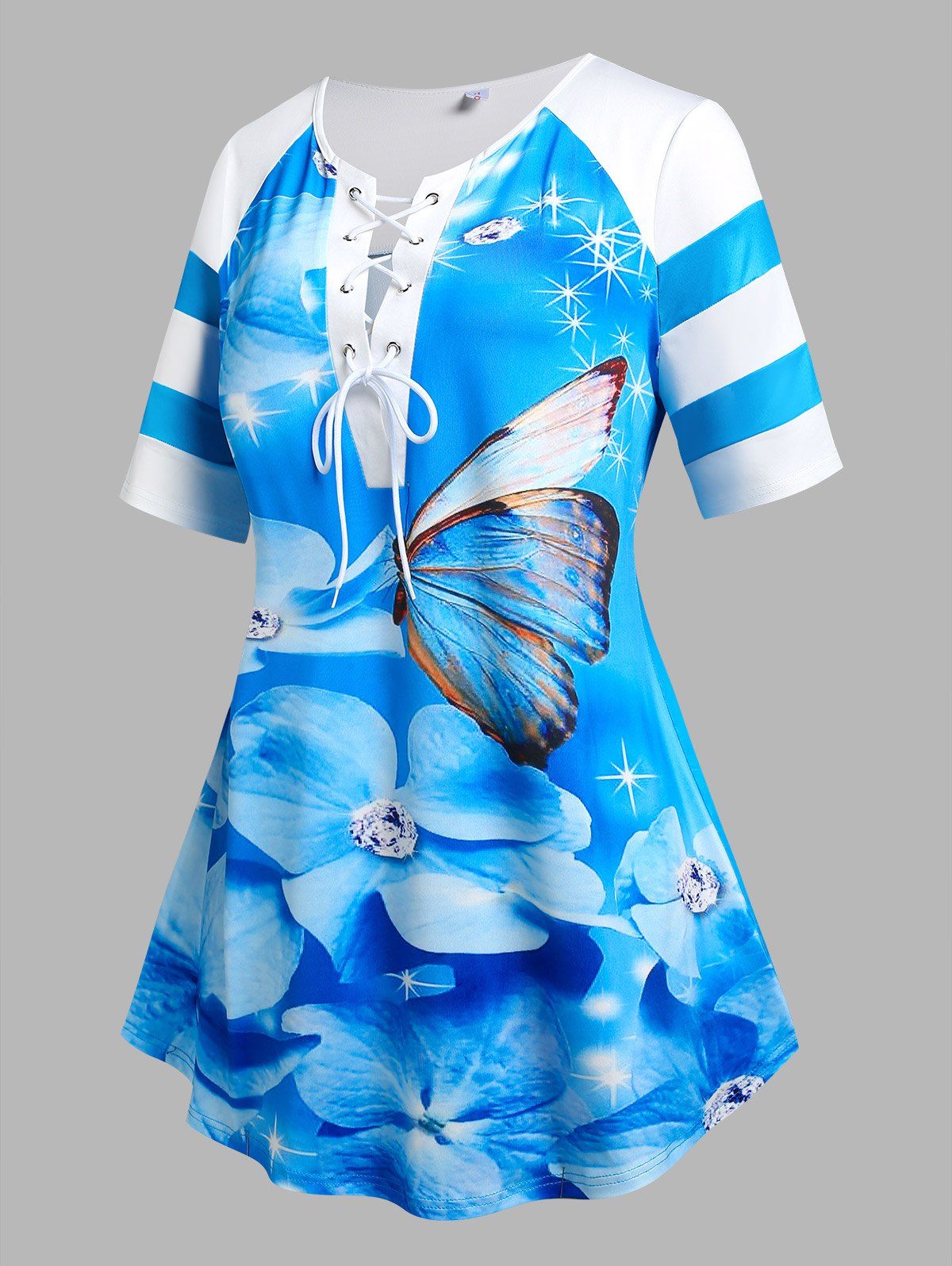 T-shirt à Imprimé Fleuri Papillon de Grande Taille à Lacets - Bleu 5X