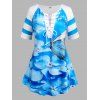 Plus Size Lace Up Floral Butterfly Print T-shirt - BLUE 5X