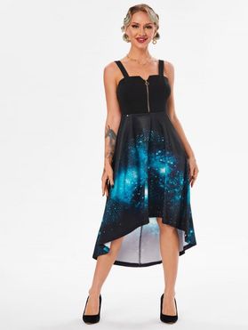 High Low Galaxy Midi Dress Front Zipper High Waist 3D Print Cami Dress