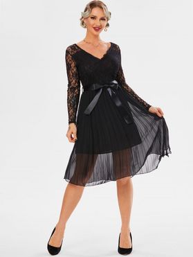 Lace Bodice Chiffon Belted Pleated Dress