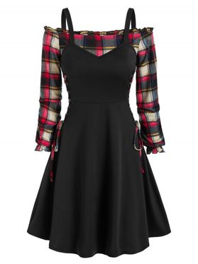 Plaid Off The Shoulder Blouse with Lace Up Dress Twinset