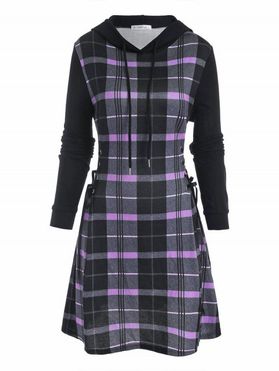 Plaid Hooded Lace Up Jersey Dress