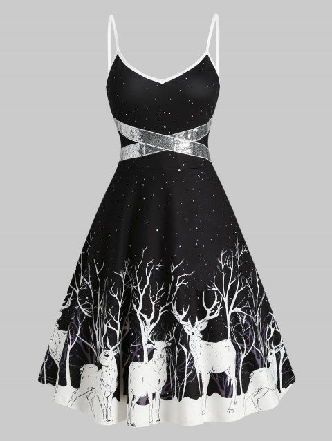 Christmas Party Dress Sequined Reindeer Print Mini Cami Dress