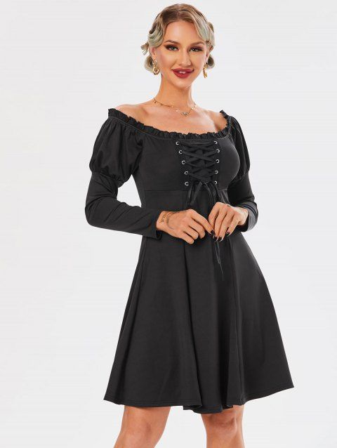 Vintage Corset Style Lace Up Gigot Sleeve Off The Shoulder A Line Dress