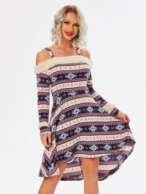 Knitted Tribal Print Cold Shoulder High Low Dress
