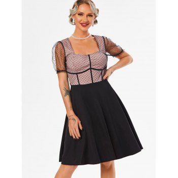 

Polka Dot Mesh Insert Puff Sleeve Corset Style Dress, Black