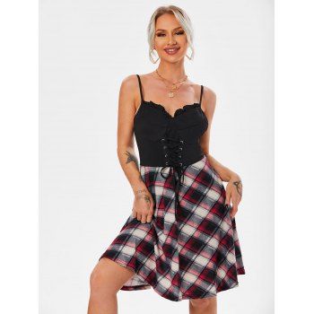 

Vintage Plaid Lace Up Corset Style Frilled Cami Flare Dress, Black