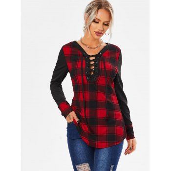 

Plaid Print Lace-up Long Sleeve T-shirt, Red