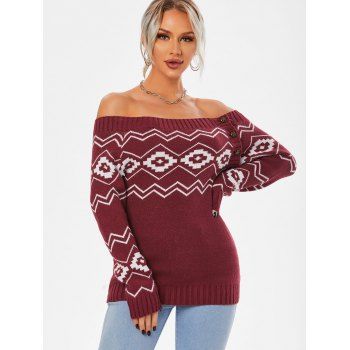 

Off Shoulder Button Side Zig Zag Geometric Sweater, Deep red