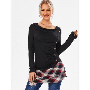 

Plaid Print Mock Button Layered T-shirt, Black