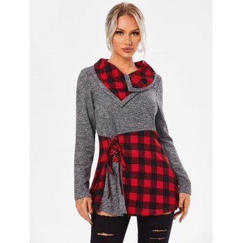 

Plaid Print Lace-up 2 In 1 Sweater, Gray