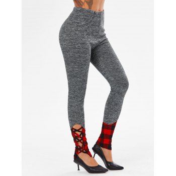 

Plaid Print Criss-cross Skinny Leggings, Dark gray