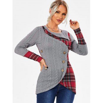 Plaid Panel Mock Button High Low Sweater