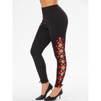 

High Rise Plaid Lace Up Pants, Black