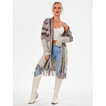 

Geometric Fringed Open Front Longline Cardigan, Light gray