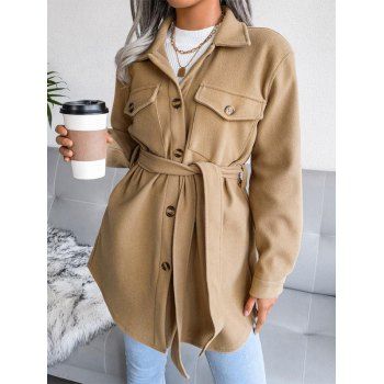 

Woolen Pocket Belted Long Jacket, Light coffee