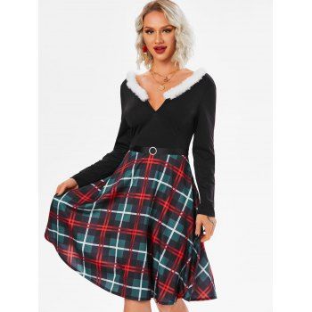 

Plaid Faux Fur Insert Belted Dress, Black