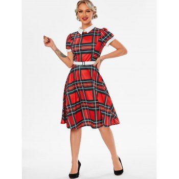 

Plaid Belted Turn Down Collar Dress, Red