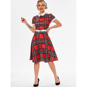 Plaid Belted Turn Down Collar Dress