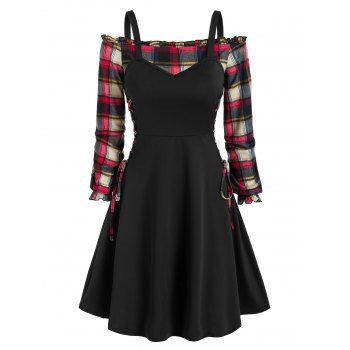 

Plaid Off The Shoulder Blouse with Lace Up Dress Twinset, Black