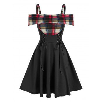 Plaid Cold Shoulder Lace Up Dress, Black