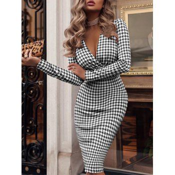 

Plaid Houndstooth Print Bodycon Dress, Black