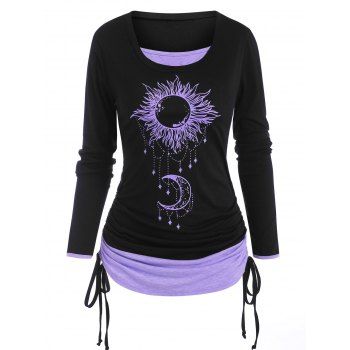 

Sun Moon Print Cinched Ruched Long Sleeves 2 in 1 T Shirt, Light purple