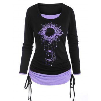 Women Sun Moon Print Cinched Ruched Long Sleeves 2 in 1 T Shirt Clothing Xxxl Light purple